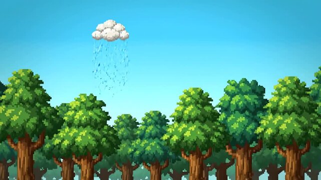 Cloud pixel 8 bit raining over a green forest landscape