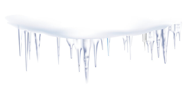 Cold white snow, blue frozen icicle at roof top for decoration of winter design