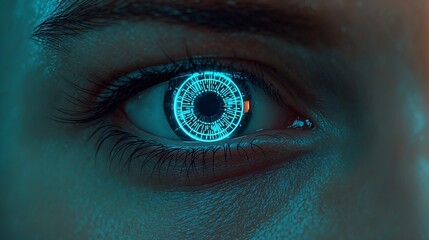 Fototapeta premium Human eye with integrated glowing blue cybernetic circuit iris