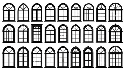 Fototapeta premium A set of black and white window silhouettes on transparent background