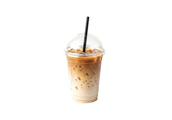 Exquisitely pristine, layered iced coffee in a modern transparent plastic cup with a dome lid, black straw, isolated on a seamless transparent background, soft studio light, concept of modern