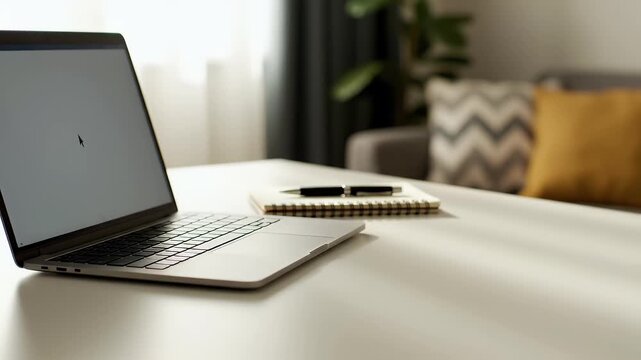 A notebook and pen rest on a desk next to a laptop