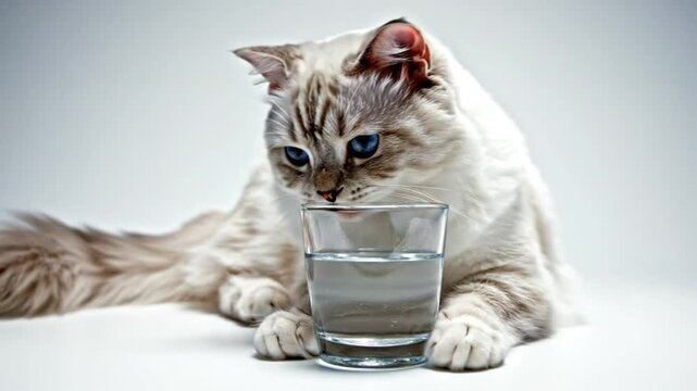 White Cat Drinking Water from Glass.