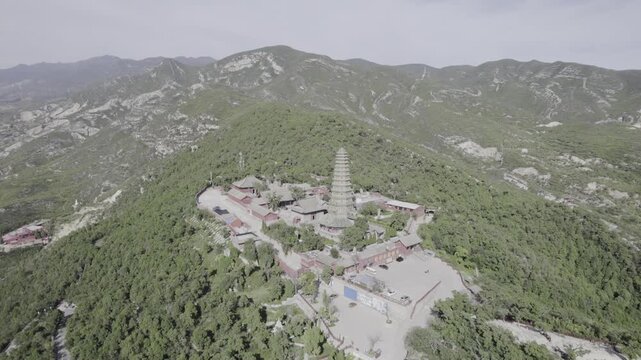  Aerial 180-degree view of Feihong Pagoda at Guangsheng Temple, the world's tallest ancient colorful glazed pagoda, Shanxi China.