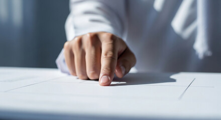 Fototapeta premium A person's index finger points directly down onto a blank white surface, emphasizing a specific spot or document.