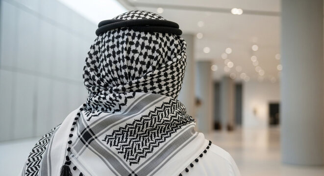 A person wearing a traditional black and white keffiyeh and thobe from behind, walking in a modern building.