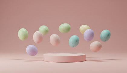 Pastel Easter eggs floating around pink empty podium. 3D rendering. Holiday & Festive Decoration