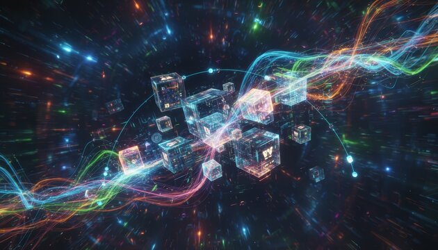 Abstract Digital Cubes Floating in Cyberspace with Glowing Colorful Data Streams