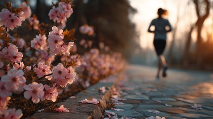 Fototapeta premium A person running on a path lined with beautiful vibrant pink cherry blossoms during a serene golden