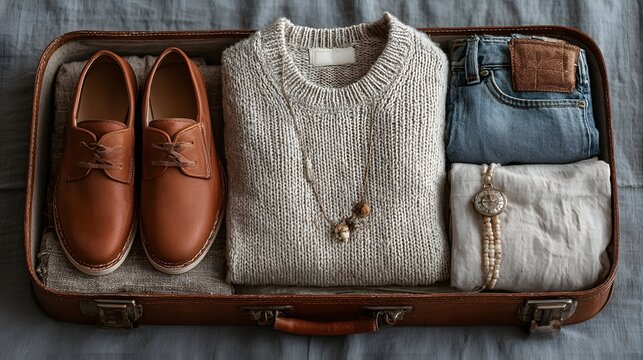 A beautifully organized vintage brown leather suitcase meticulously packed with essential travel ite