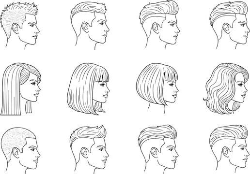 Male and female hair profile icons featuring modern haircuts, undercut styles, bob cuts, long wavy hair, and buzz cut illustrations.