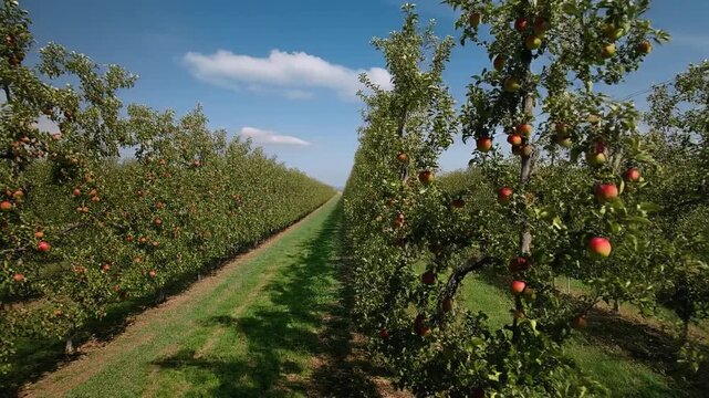 Rows of apple trees in orchard.