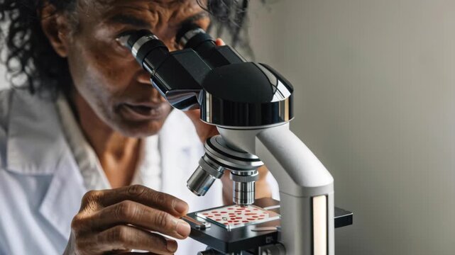 Blood laboratory scientist examines and adjusts microscope slide sample with focused concentration
