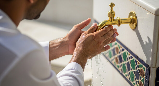 A man in white clothing performs ritual hand washing under a golden faucet, with water flowing over his hands.