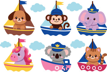 Cartoon illustration of six cute animals riding colorful sailboats with flags and clouds, playful nautical artwork perfect for children’s content, storytelling, and educational projects