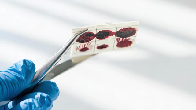 Blood laboratory slide stained sample held by gloved hands with microscope blood sample absorbent