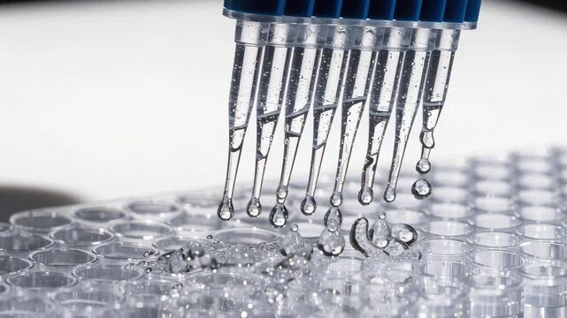 Blood laboratory pipette dispensing clear liquid drops over multiwell plate with reflection