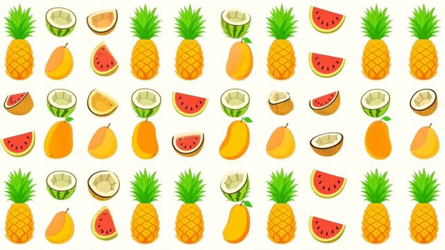 A colorful pattern animation of various sliced and whole fruits including pineapples, watermelons, lemons, and oranges arranged in rows on a white background.