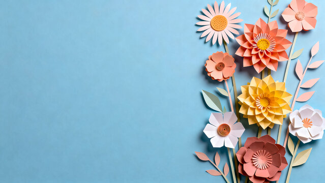 Vibrant Paper Cut Flowers and Green Leaves on a Light Blue Background, Spring and Summer Holiday Craft Design with Copy Space