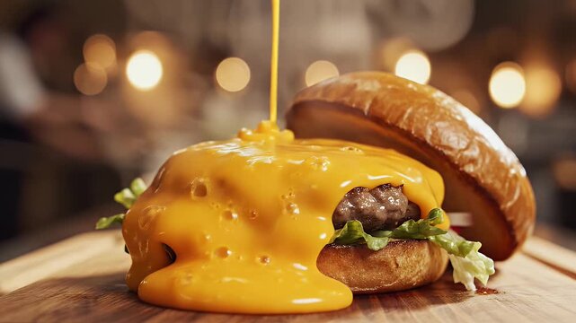 Molten cheese cascades over a juicy burger with fresh greens on a bun