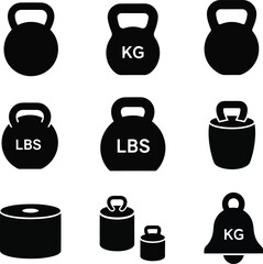 Gym Equipment Weight Icons Set with Kettlebells and Dumbbells for Bodybuilding and Fitness