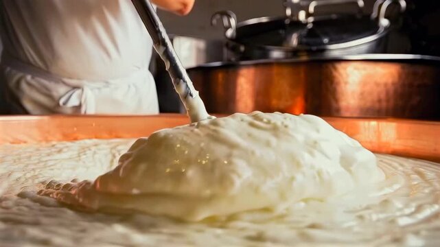 master stirring large curd vat with long paddle, dramatic warm light highlights rippling creamy surface and copper basin, skilled motion in professional creamery setting