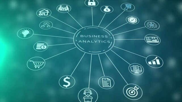 A central circular diagram labeled BUSINESANALYTICS, with thin white lines extending to connect with various abstract symbolizing data interpretation, strategy, and financial