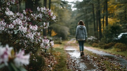 Obraz premium A lone female figure walks peacefully along a damp and leafy forest trail surrounded by beautiful bl