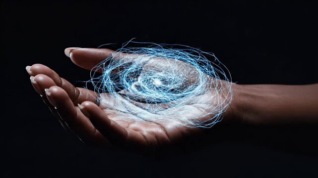 Hands cupping a swirling vortex of brilliant blue energy against a dark background
