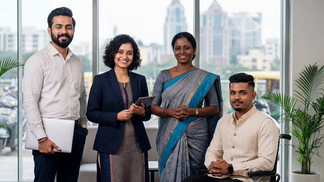 Young adult Indian business professionals standing together in modern office with city view in India, smiling at camera in modern corporate setting - Subtle camera movement