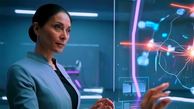 Woman executive manipulating holographic network interface inside a high tech control room. Operations director gestures at glowing nodes, strategist connects data flows, systems engineer