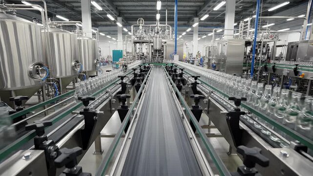 Automated bottling line with stainless steel tanks and conveyor belts