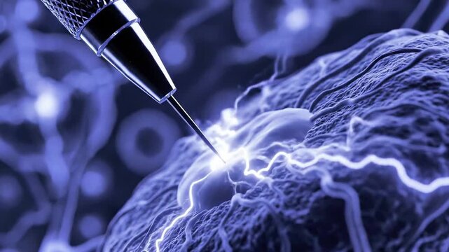 A close-up of a metallic object piercing a glowing cell-like structure with lightning emanating from it, set against a dark blue background with abstract shapes