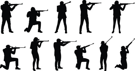 Black silhouette of professional shooters and hunters holding rifles in different firing positions set on white background for hunting and shooting sport competition. © SHAPLAKHATUN