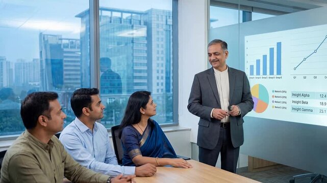 Mid adult Indian business leader presenting market analysis and performance charts to corporate team during formal indoor office meeting, with woman asking question during the presentation