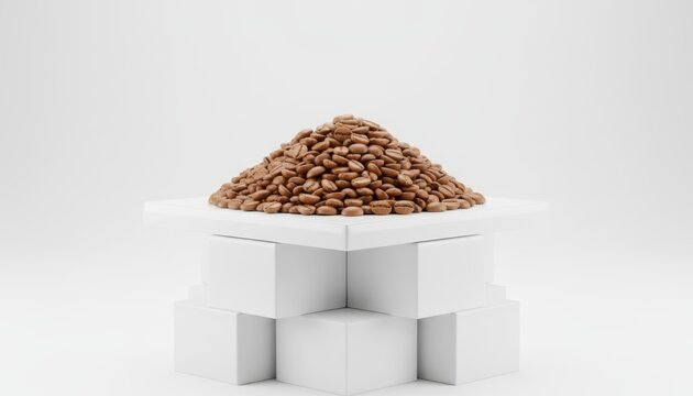 Roasted Coffee Beans Piled on a White Minimalist Pedestal in a Clean Studio Setting