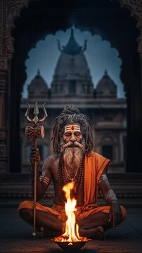 Aghori Sadhu Monk Meditating with Fire Ritual and Trident in Ancient Temple