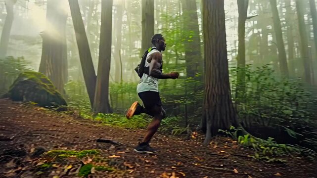 misty forest black trail runner leaping over roots with airborne stride, sunlight filtering through canopy and mossy ground, dynamic obstacle navigation, launch and landing sequences,