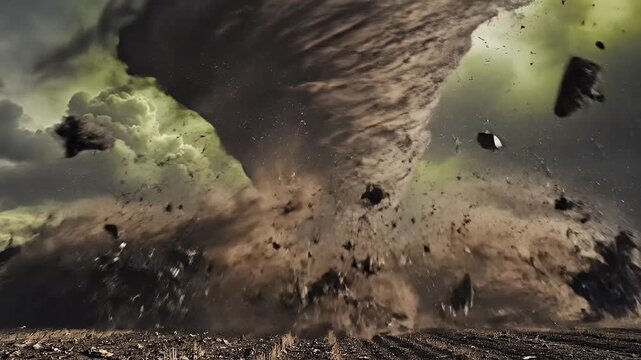 Massive tornado rips through barren landscape, flinging debris high into stormy skies