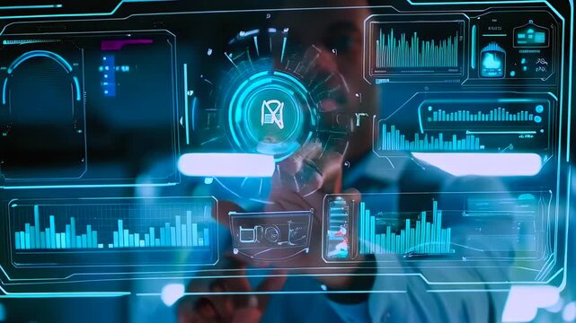 black agronomist managing hydroponic holographic system inside greenhouse blue interface floats over rows of seedlings, sensor readouts and nutrient graphs visible, robotics arm