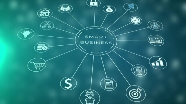 A central circular diagram labeled Smart Business with radiating lines connecting to various business related including a lock, dollar sign, brain, chart, and computer screen against a blurred teal