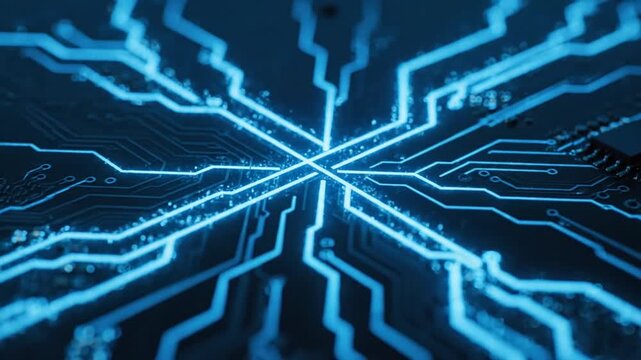 Dynamic glowing blue circuit board pathways illustrating a futuristic digital network and interconnected data flow within advanced technology infrastructure