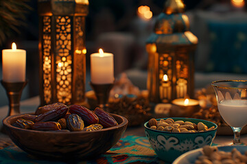 Fototapeta premium Expansive Luxury Ramadan Iftar Celebration Dinner Table with Moroccan Hanging Lanterns, Arabic Food Spread and String Lights at Golden Hour