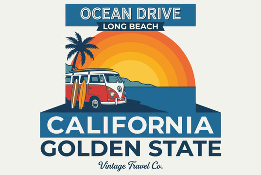 This image features a retro-inspired scene of Ocean Drive in Long Beach, showcasing vintage vans and a vibrant sunset over the ocean, evoking nostalgia and coastal charm.