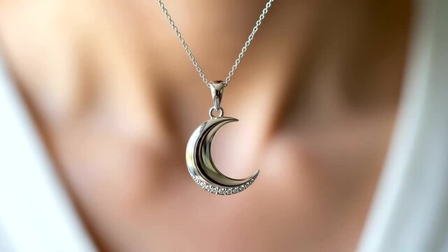 Silver crescent moon necklace worn by a person