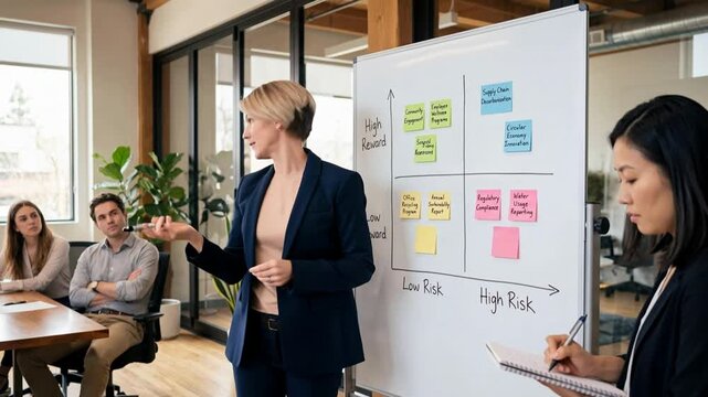 Businesswoman analyzing ESG compliance with sustainability risk&ndash;reward matrix on whiteboard during corporate meeting with diverse business team