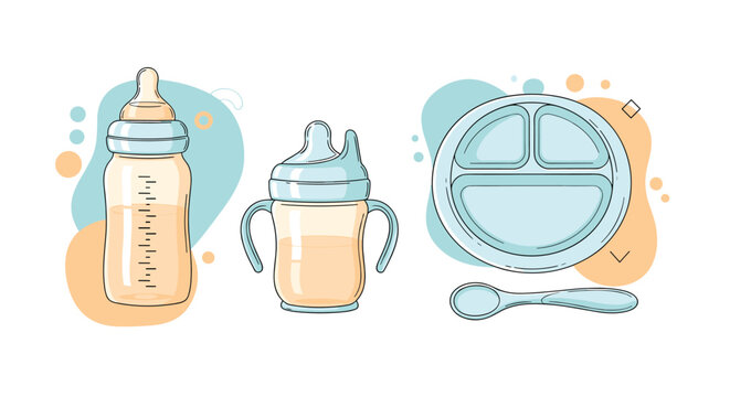 Baby feeding equipment set featuring milk bottle, sippy cup, divided plate, and spoon in soft pastel blue and orange colors.