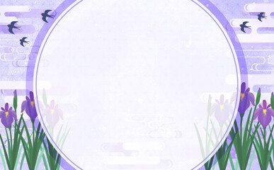 Fototapeta premium 菖蒲の紫色の水彩風和柄丸フレーム_横