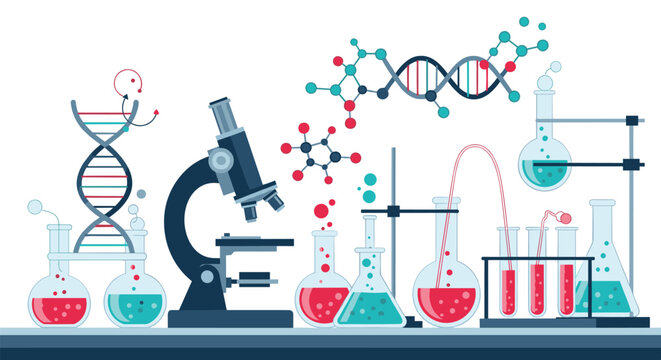 Scientific laboratory scene with a microscope, test tubes, flasks, and chemical reactions representing research and study.