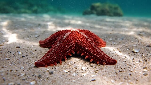 A vibrant red starfish rests on a sandy ocean floor